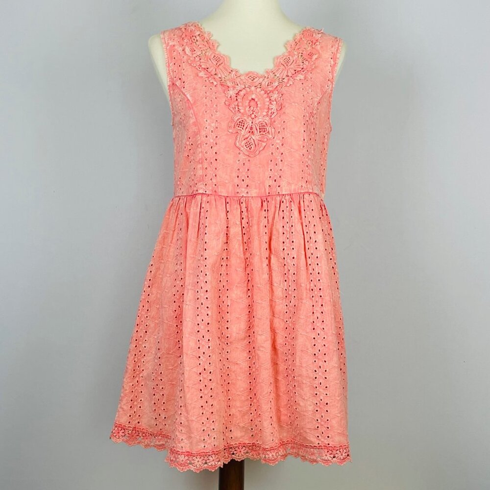Altar'd State Eyelet Dress Sz S Peach Pink Floral Lace Peasant Milkmaid Beach